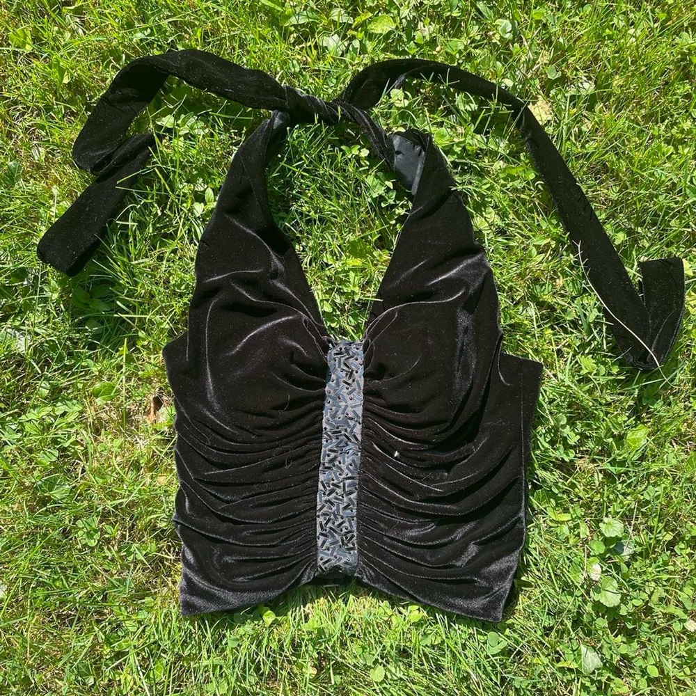 VTG Morrell Maxie Black Velvet Bustier Corset Halter Top w Beaded Center Panel